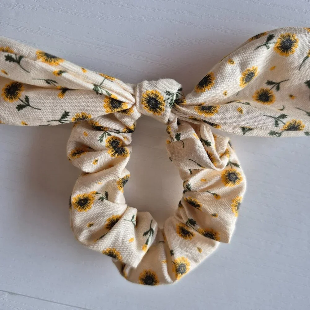 Yellow Sunflower Hair Scrunchie with Attached Bow - Handmade Floral Hair Accesso